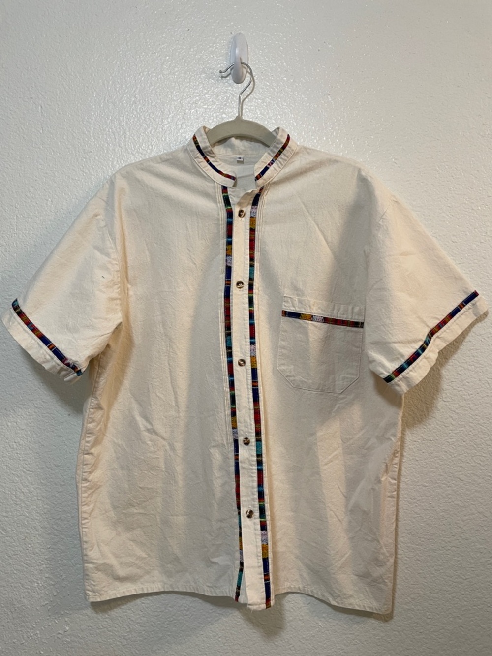 Men's Traditional Mexican Cream Short-Sleeve Button-Up Shirt with Multicolor